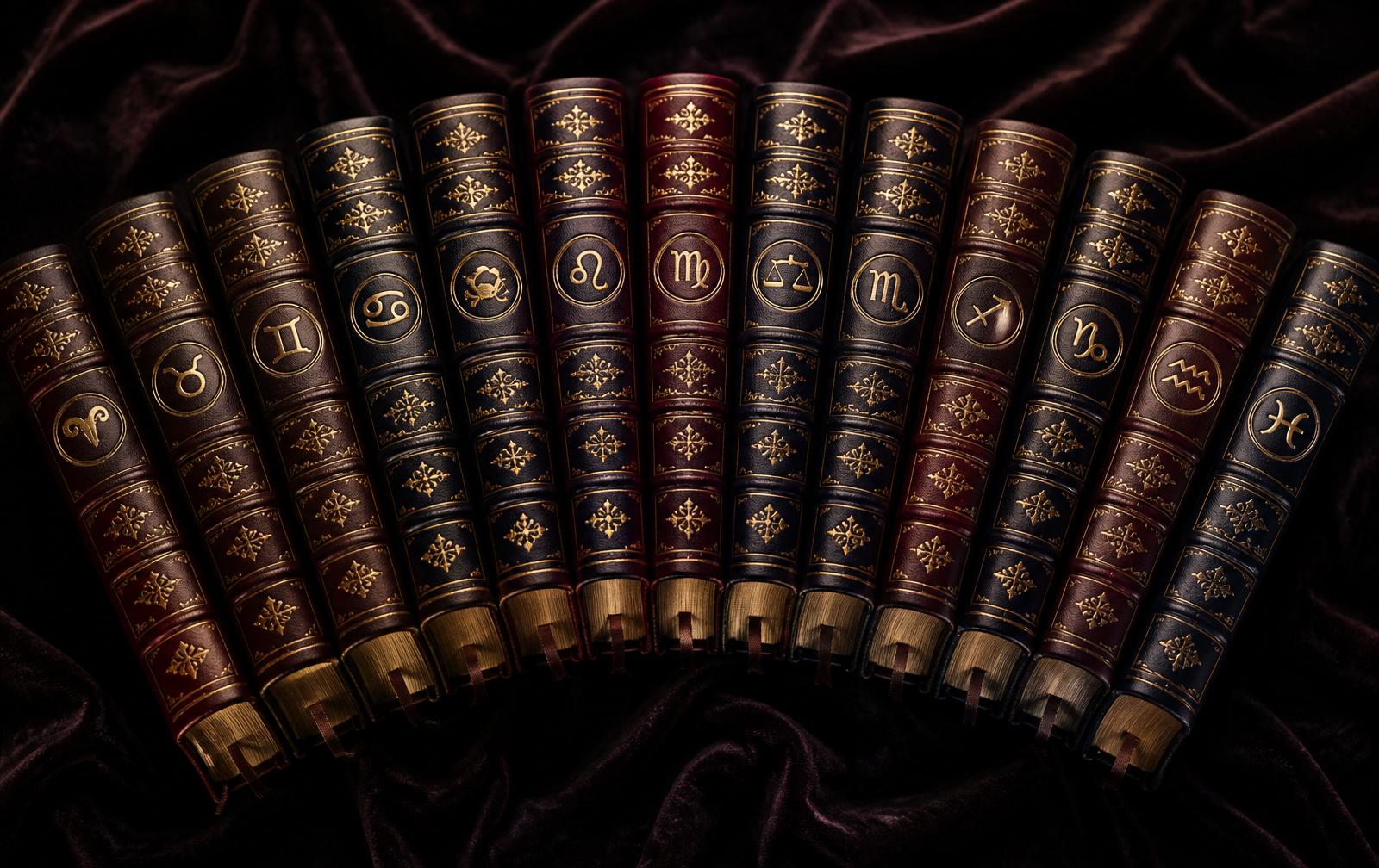 Twelve luxury leather-bound zodiac books arranged on dark velvet