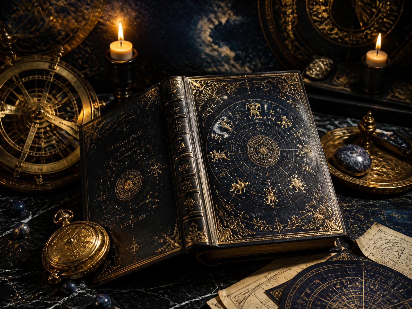 Antique zodiac book with brass astrolabe and golden pocket watch